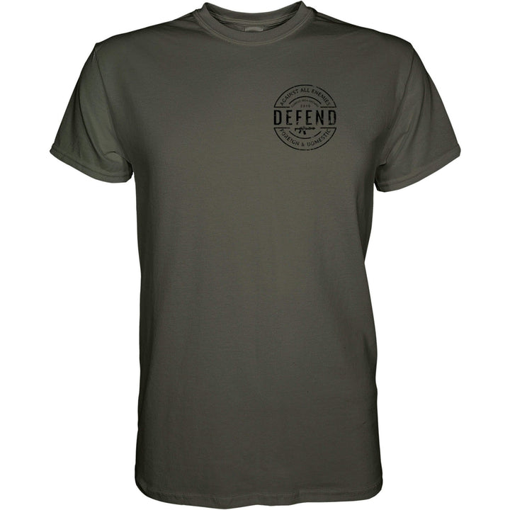 Men’s t-shirt with the message “Defend against all enemies, foreign & domestic” #color_military-green