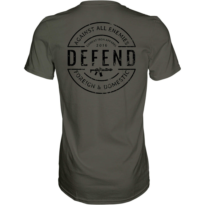 Men’s t-shirt with the message “Defend against all enemies, foreign & domestic” #color_military-green