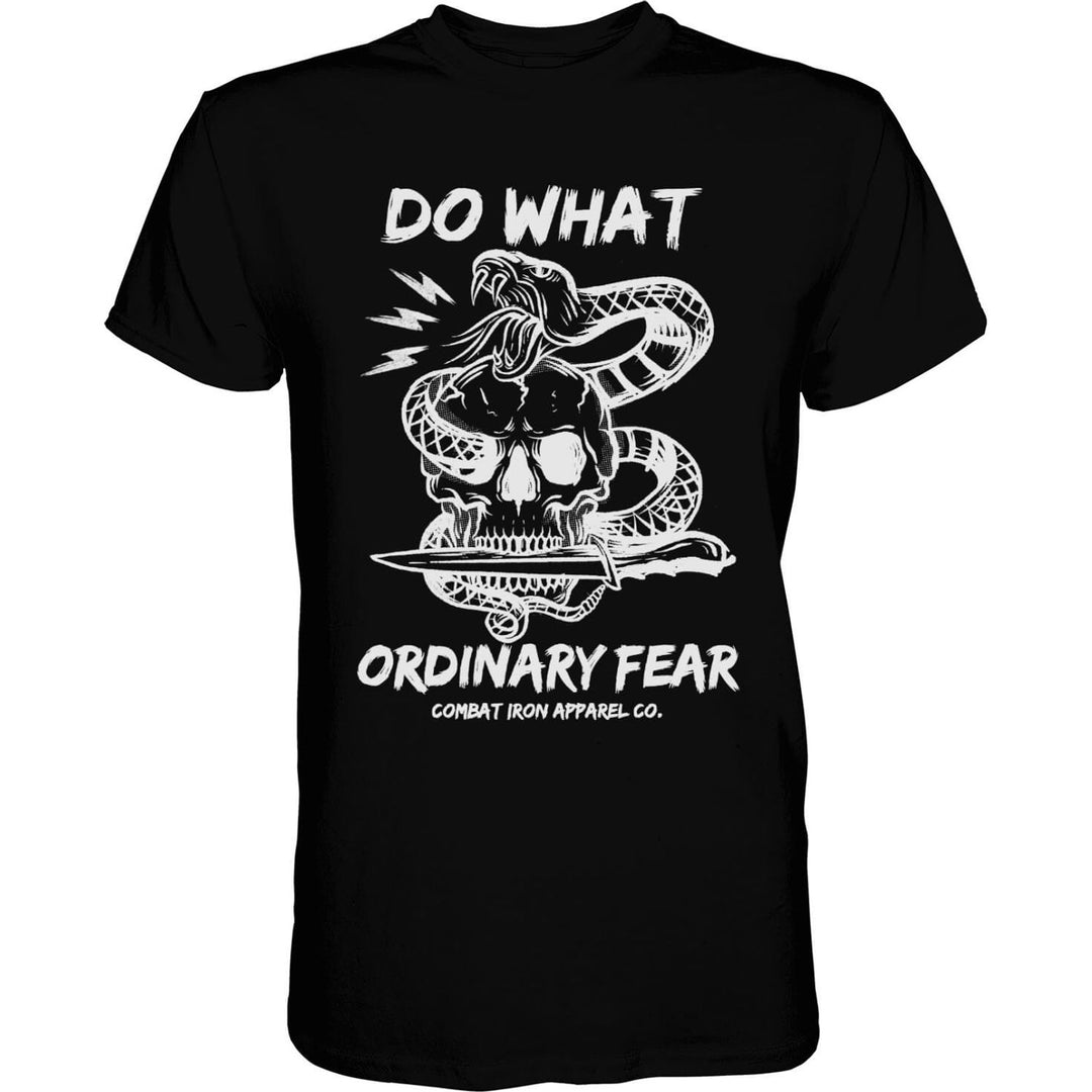 Men’s black t-shirt with the words “Do what ordinary fear” with a snake around a skull that’s holding a knife in its mouth #color_black