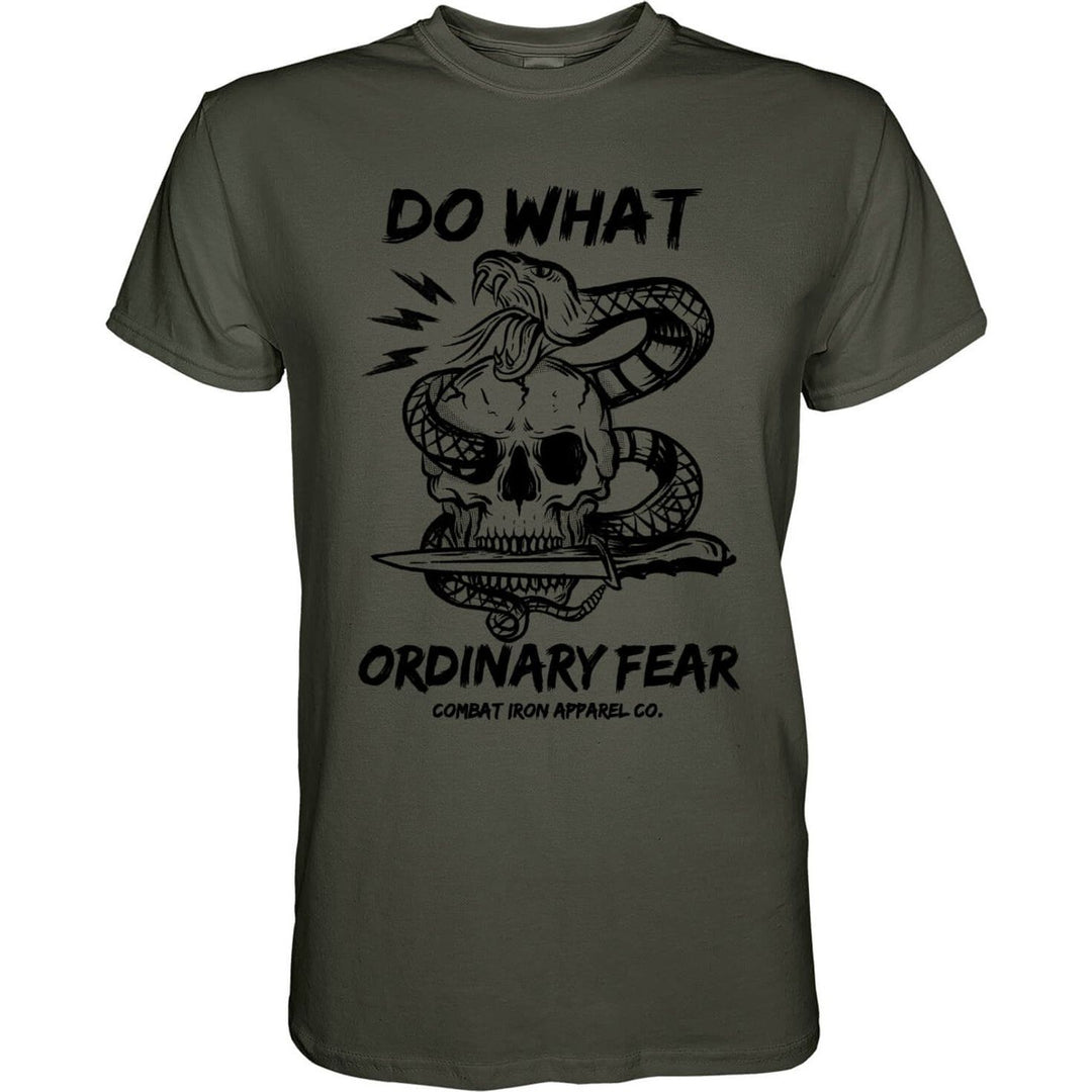 Men’s t-shirt with the words “Do what ordinary fear” with a snake around a skull that’s holding a knife in its mouth #color_military-green