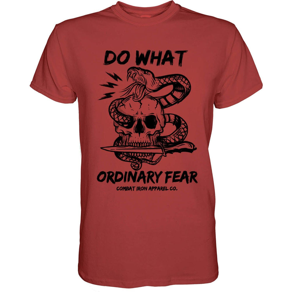 Men’s t-shirt with the words “Do what ordinary fear” with a snake around a skull that’s holding a knife in its mouth #color_red