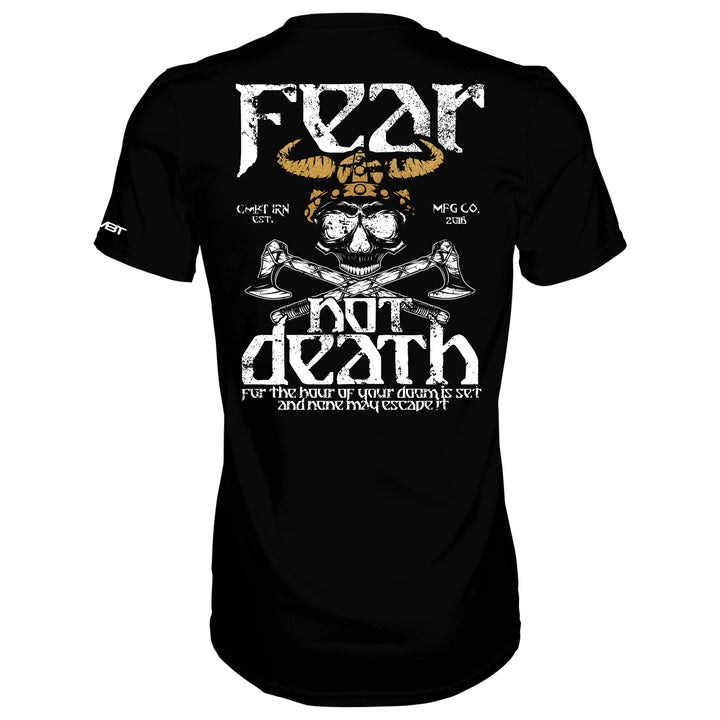 A black t-shirt with the words “Fear not death” with a viking warrior #color_black