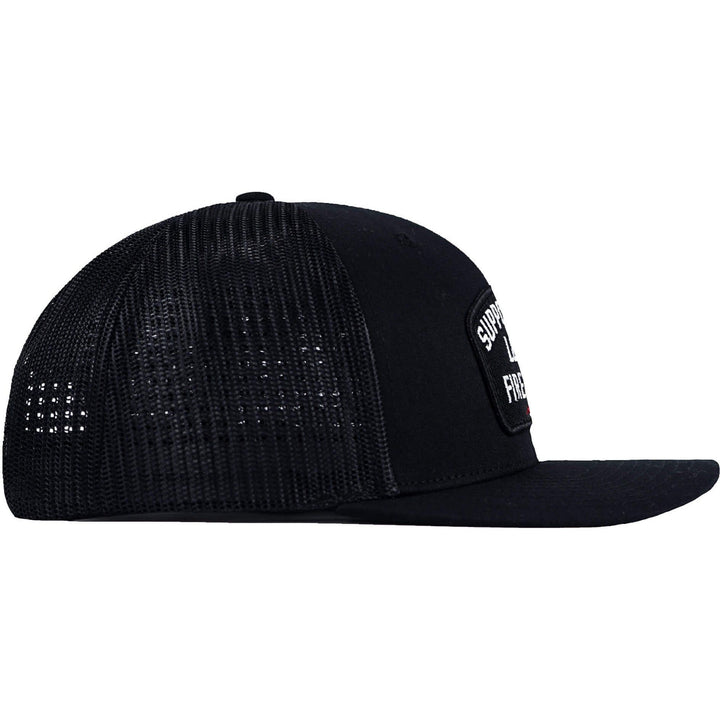 A black mid-profile mesh snapback with the patch that says “Support your local fire dept.” #color_black-black
