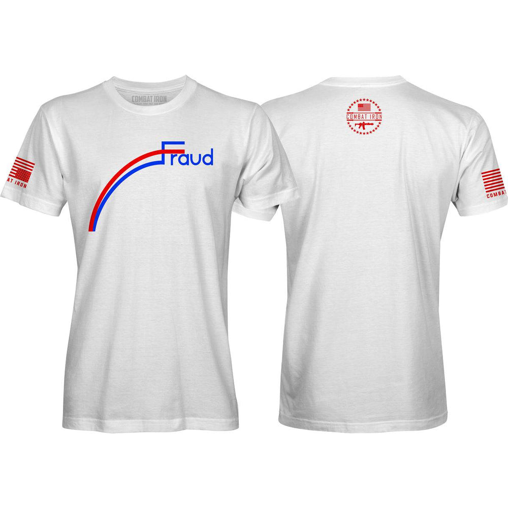 Fraud 2020 men’s t-shirt with the word “Fraud” in blue and a red line #color_white