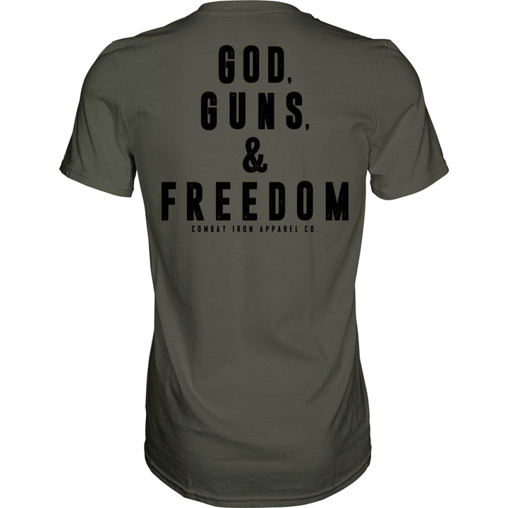 Men’s t-shirt with the words “God, guns, & freedom” on the front  #color_military-green