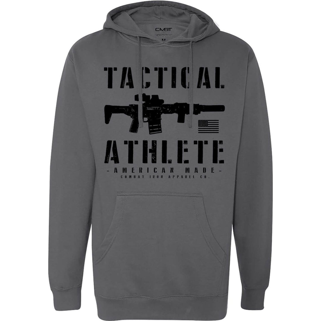 Tactical athlete, men’s midweight hoodie in camo with black letters #color_gun-metal-gray
