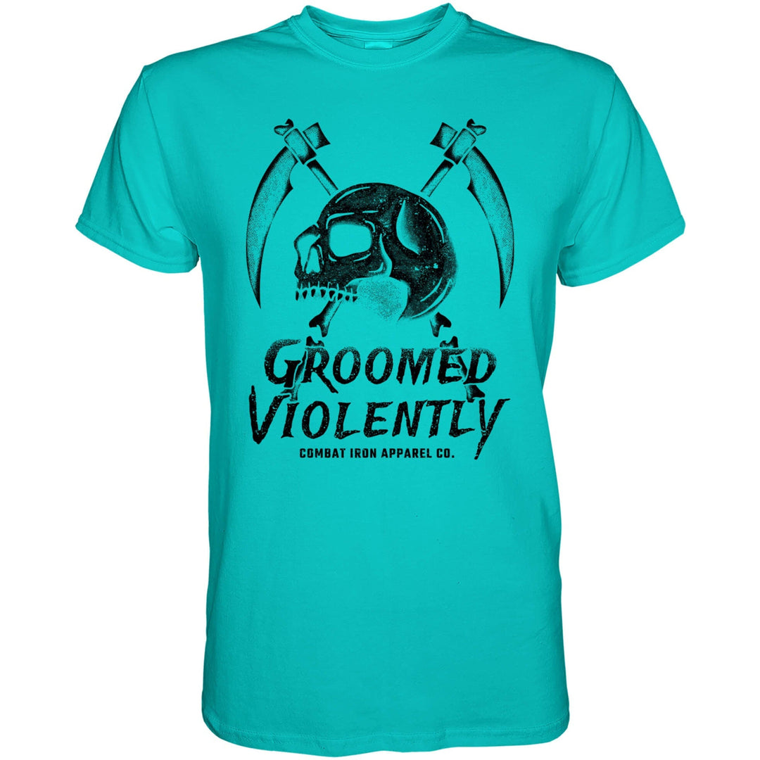 Men’s t-shirt with the words “Groomed violently” with a skull and two sickles on the front #color_tahiti-blue