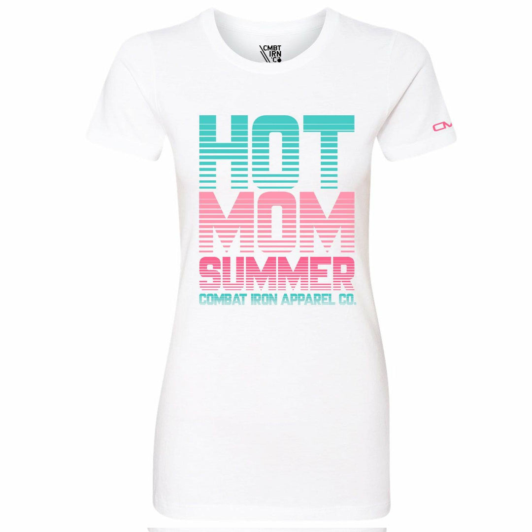 A black women’s t-shirt that says “Hot mom summer” in turquoise and pink #color_white