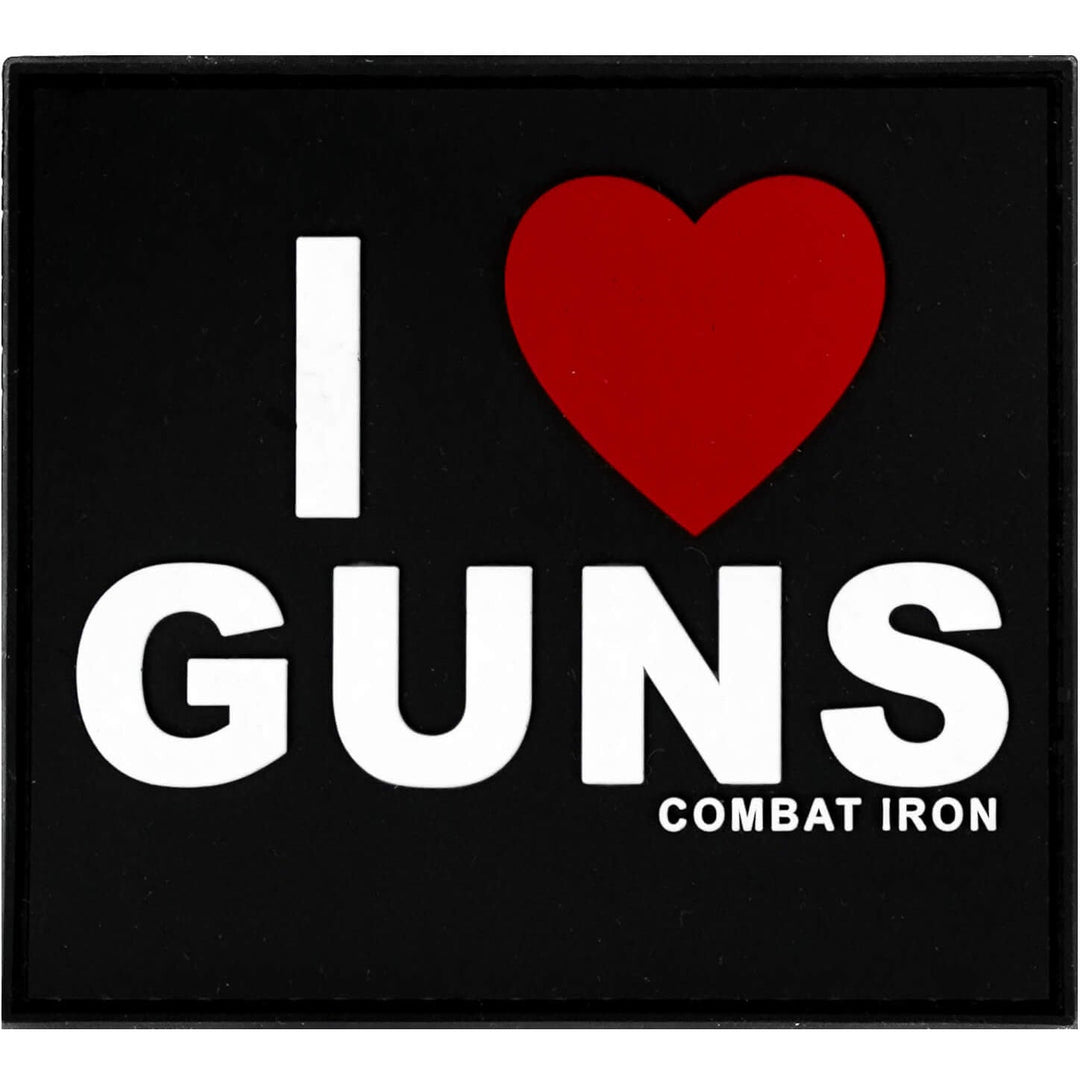 I love guns 3D PVC patch with a black background, white letters, and a red heart
