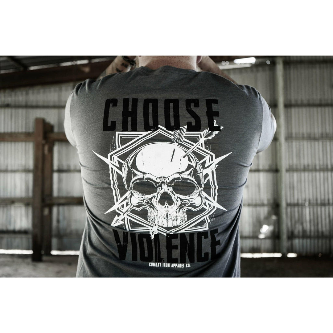Men’s t-shirt showing words “Choose violence” in black and a white skull in the middle #color_gun-metal-gray