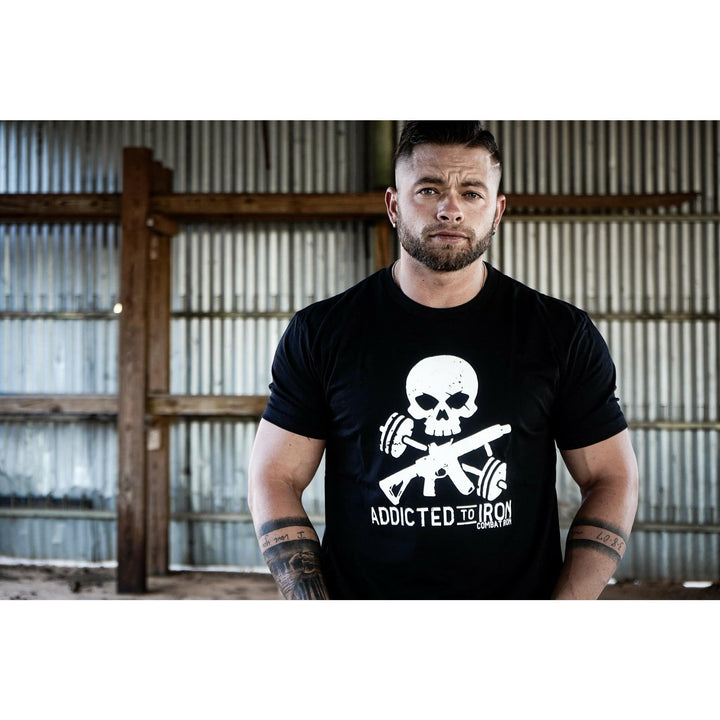Men’s black t-shirt with the words “Addicted to iron” in the front with a white skull and an AR #color_black