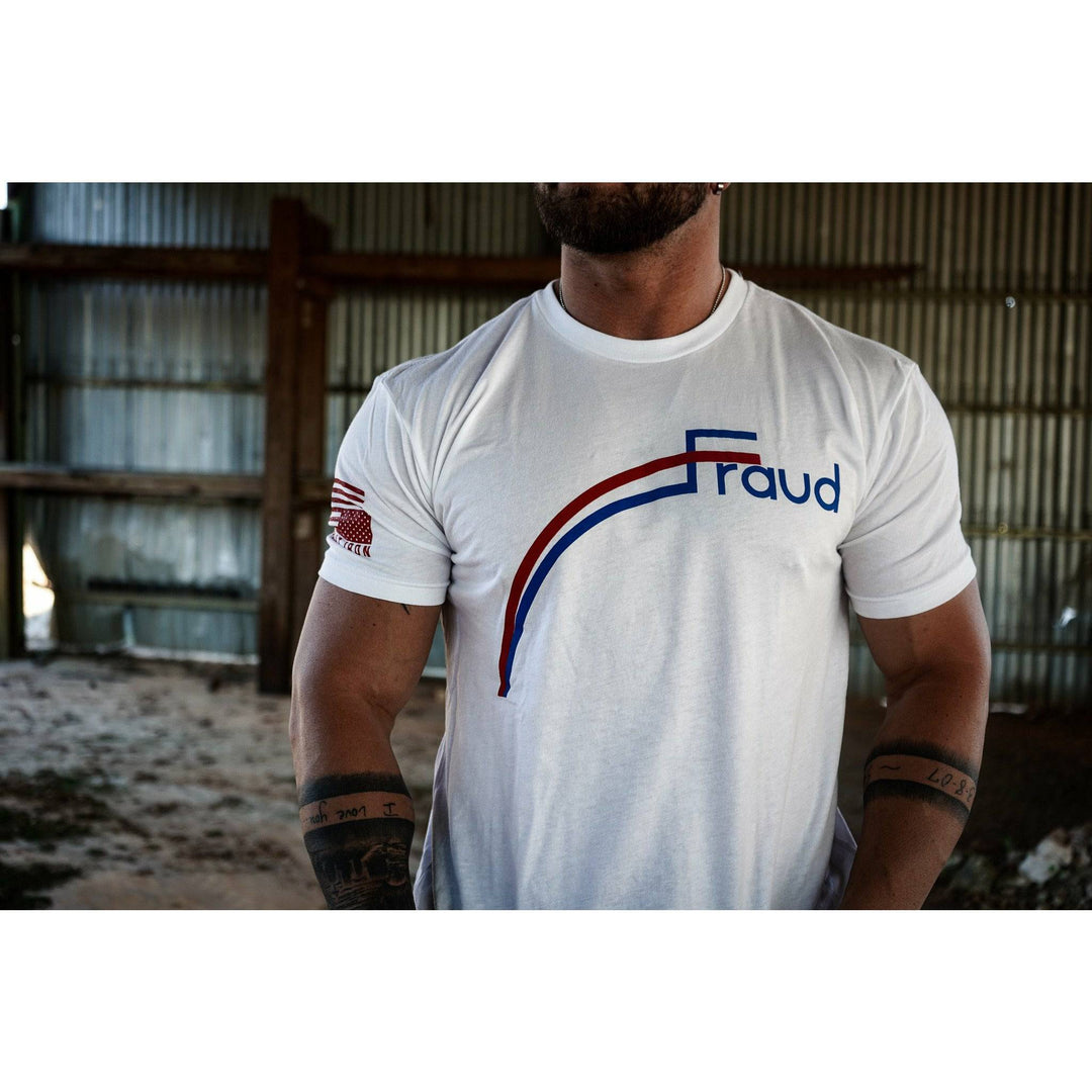 Fraud 2020 men’s t-shirt with the word “Fraud” in blue and a red line #color_white