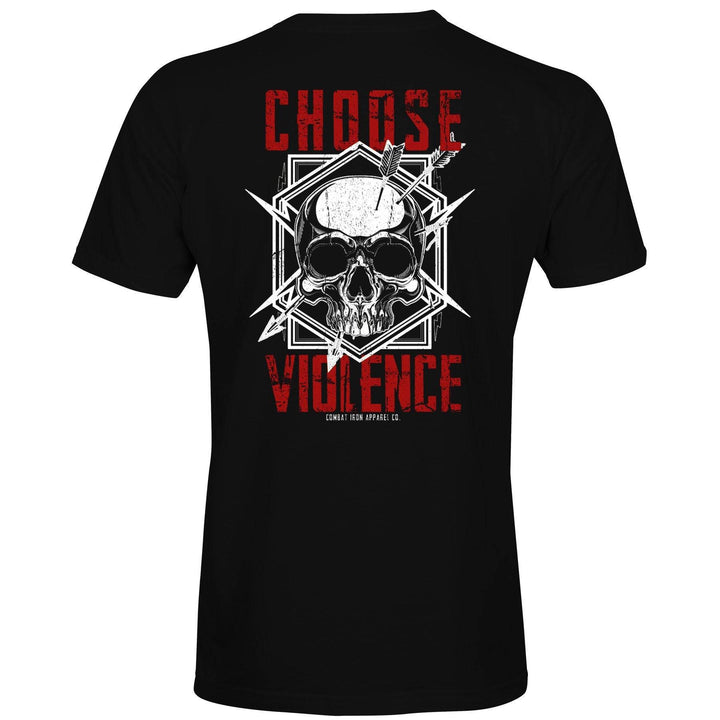 Men’s black t-shirt showing words “Choose violence” in black and a white skull in the middle #color_black