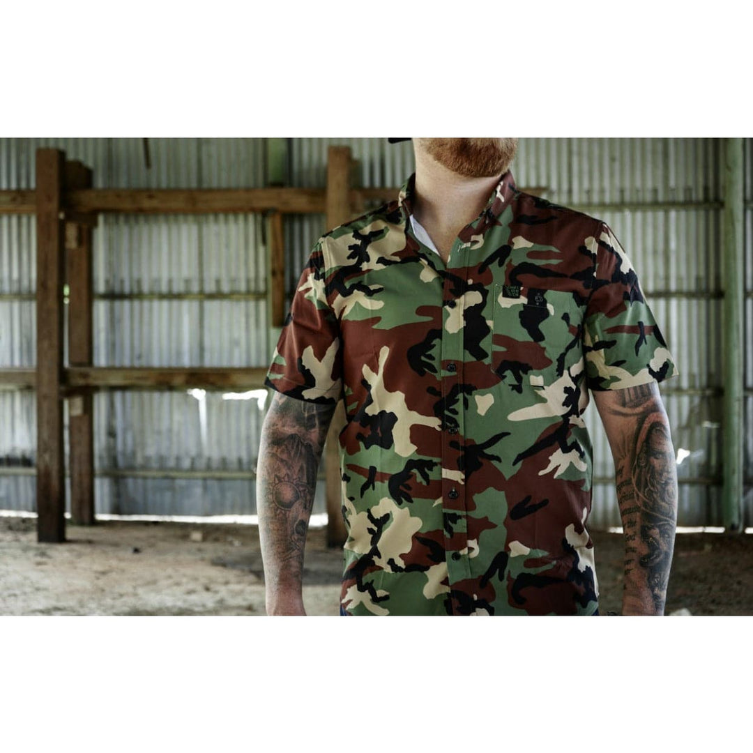 Men's | Light Weight Button Up Short Sleeve T-Shirt | Size Small | BDU Camo | Combat Iron Apparel