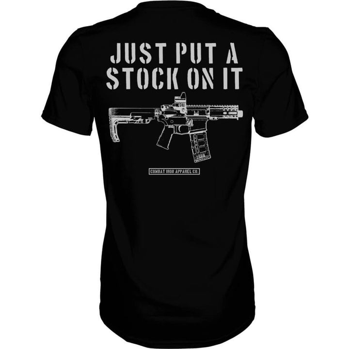 A black men’s t-shirt with white details saying “Just put a stock on it” #color_black
