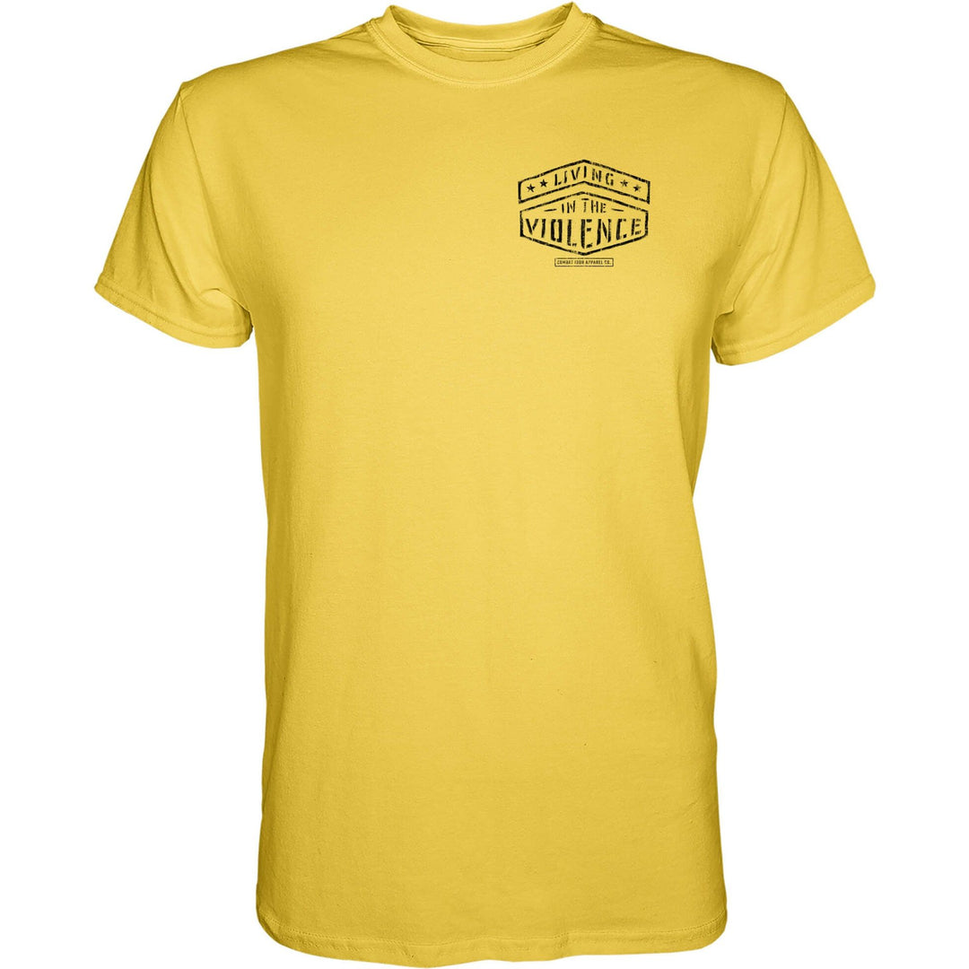 Men’s t-shirt with the words “Living in the violence” #color_yellow