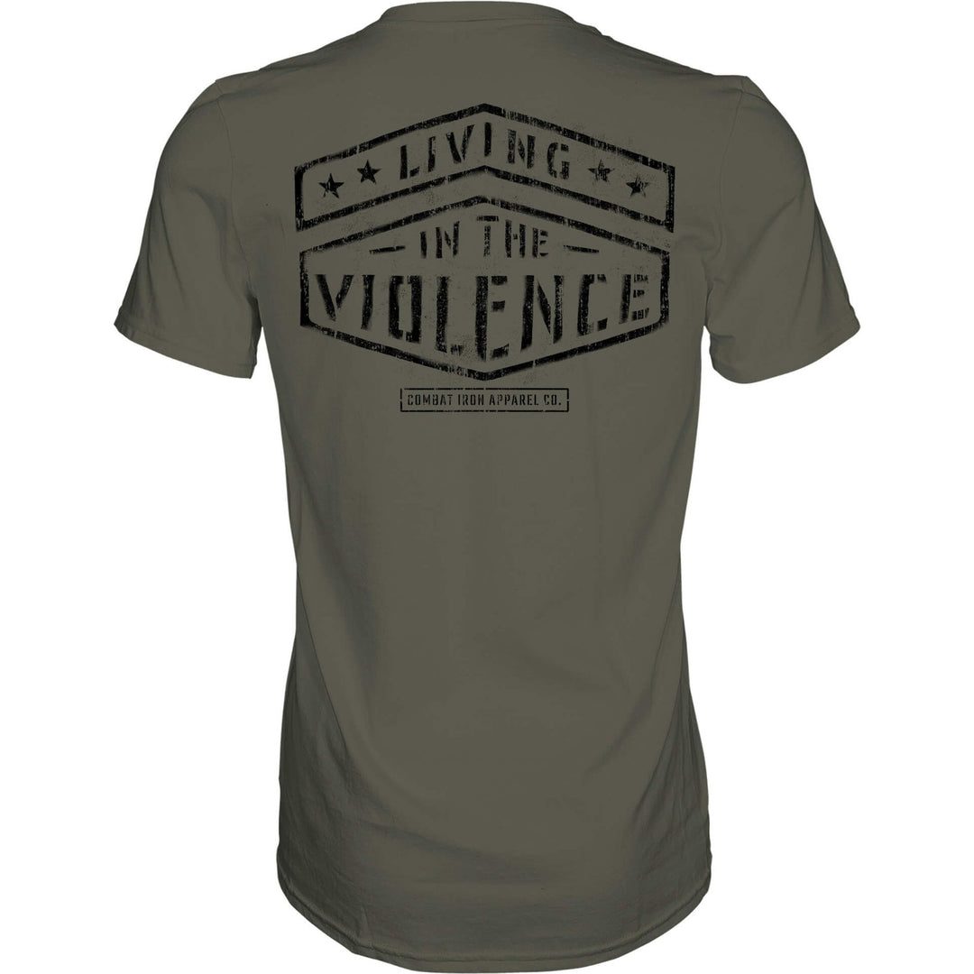 Men’s t-shirt with the words “Living in the violence” #color_military-green