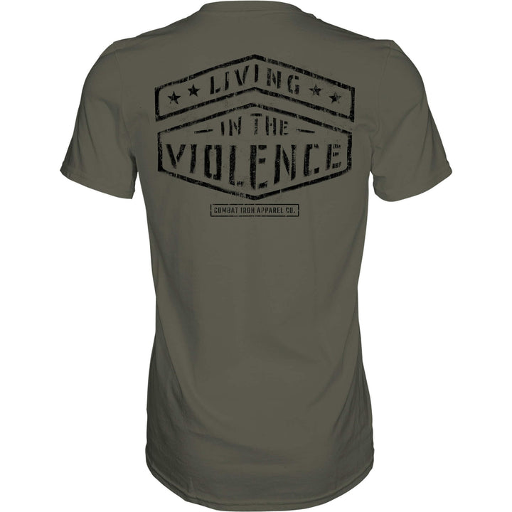 Men’s t-shirt with the words “Living in the violence” #color_military-green
