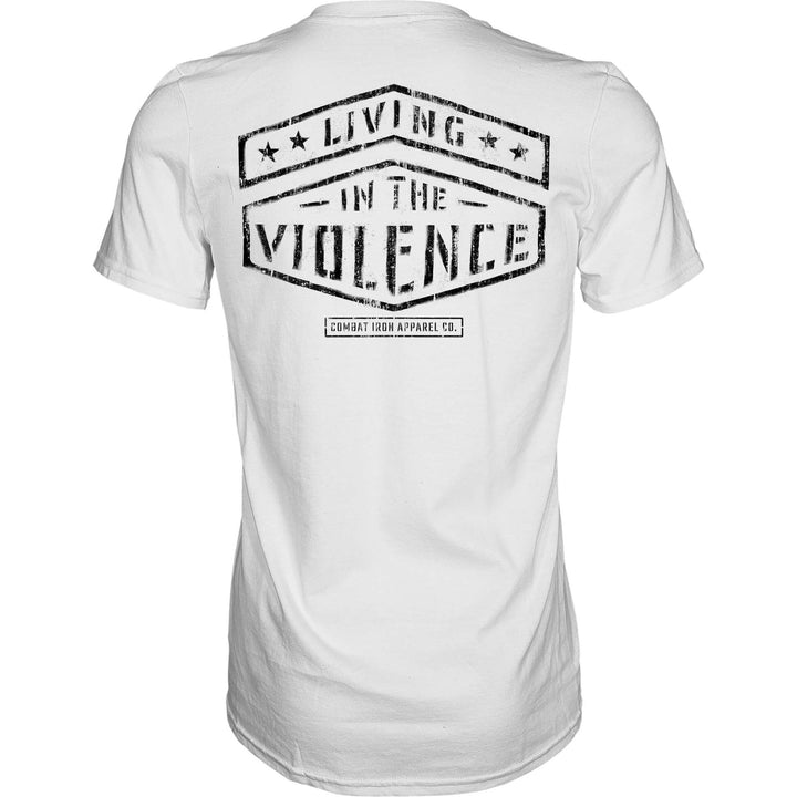 Men’s t-shirt with the words “Living in the violence” #color_white