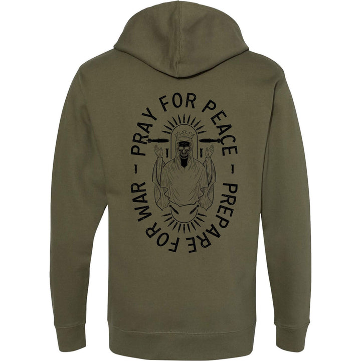 Pray for peace. Prepare for war. Midweight hoodie for men in camo with orange details #color_military-green
