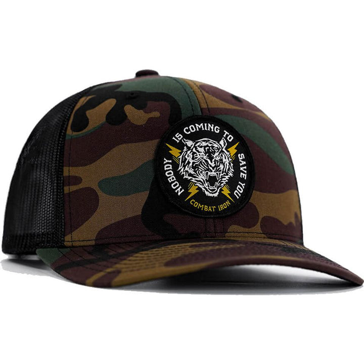 Nobody is coming to save you mid-profile snapback hat #color_bdu-camo-black