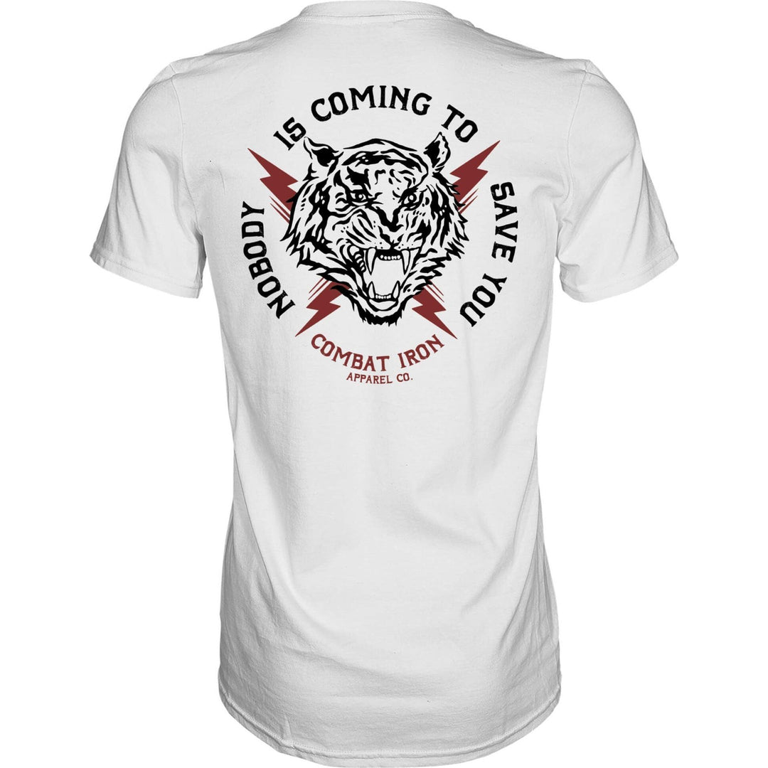Men’s t-shirt with the message “Nobody is coming to save you” #color_white