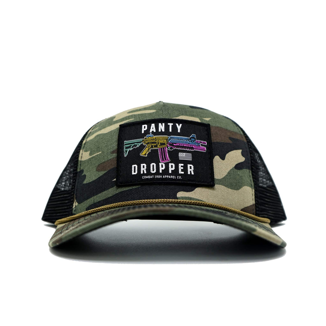 Panty dropper rifle patch retro rope snapback with mesh and camo on the front #color_bdu-camo-black