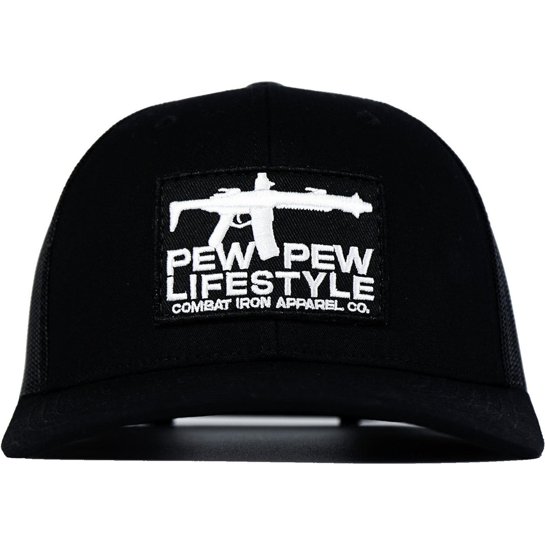 A black mid-profile mesh snapback hat with a “Pew pew lifestyle” patch on the front