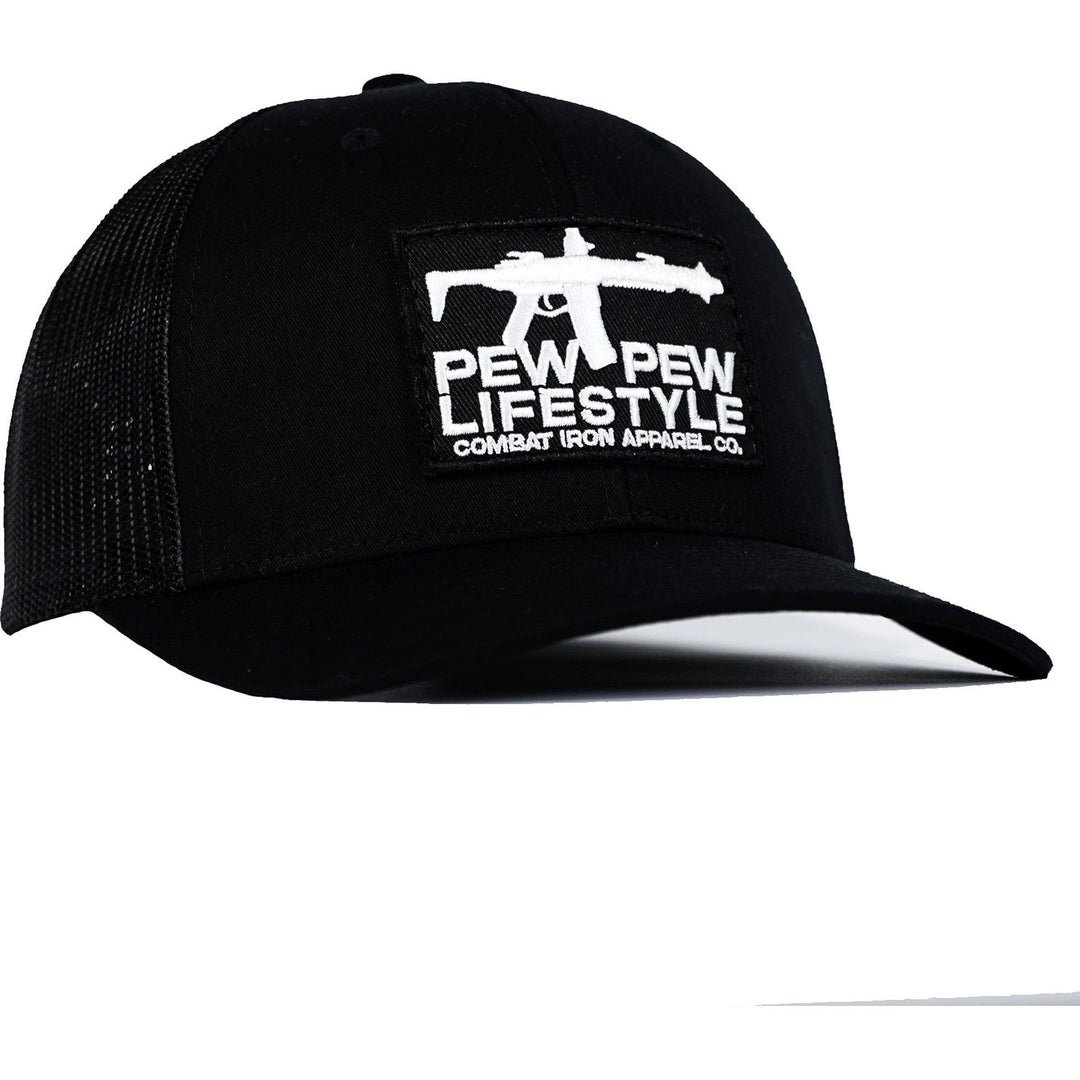 A mid-profile mesh snapback hat with a “Pew pew lifestyle” patch on the front #color_black-black