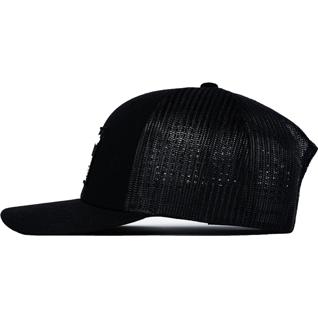 A mid-profile mesh snapback hat with a “Pew pew lifestyle” patch on the front #color_black-black
