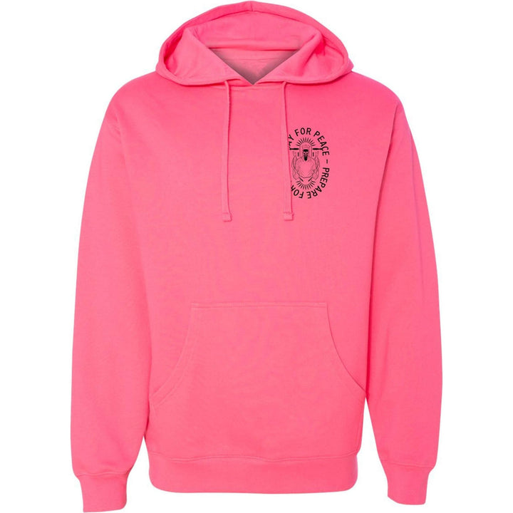 Pray for peace. Prepare for war. Midweight hoodie for men in camo with orange details #color_pink