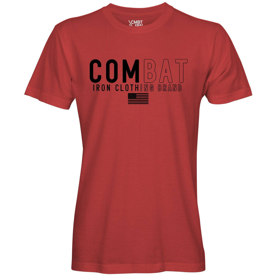 Men’s t-shirt with the words “Combat Iron clothing brand” on the front and an American flag #color_red