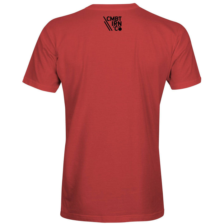 Men’s t-shirt with the words “Combat Iron clothing brand” on the front and an American flag #color_red