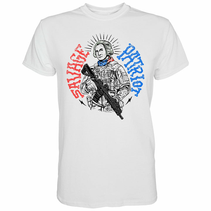 Men’s white t-shirt with the words “Savage patriot” in red and blue on the front  #color_white