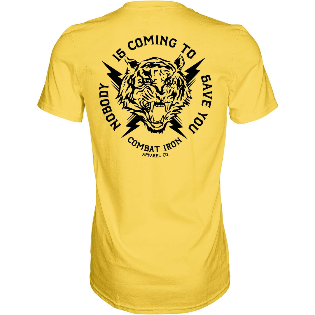 Men’s t-shirt with the message “Nobody is coming to save you” #color_yellow