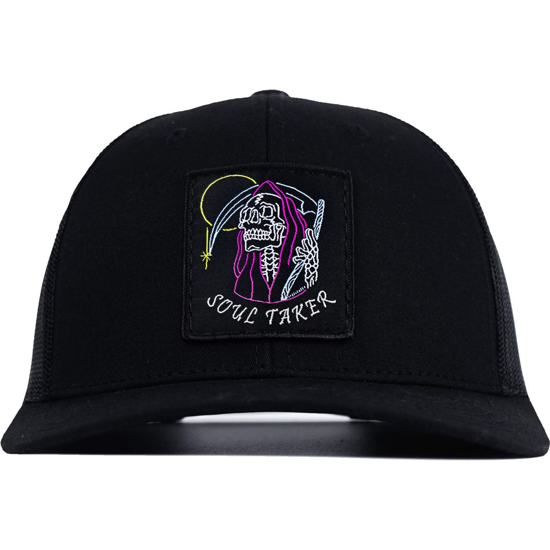 Soul taker reaper, skull vintage patch, mid-profile mesh snapback in all black with a colorful patch of a soul reaper on the front #color_black-black