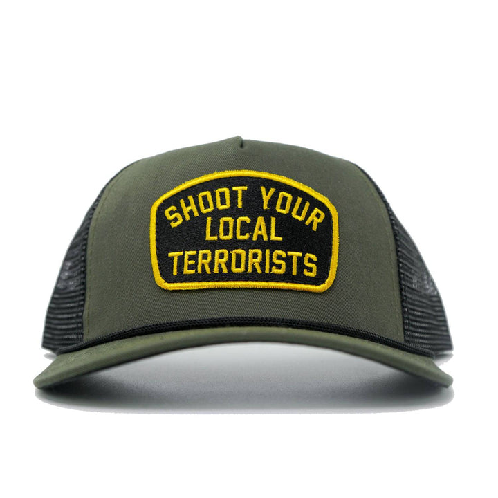 Shoot your local terrorists patch retro rope snapback with a yellow and black design #color_military-green-black