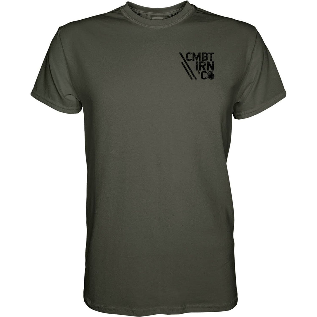 men’s t-shirt with white details saying “Just put a stock on it”  #color_military-green