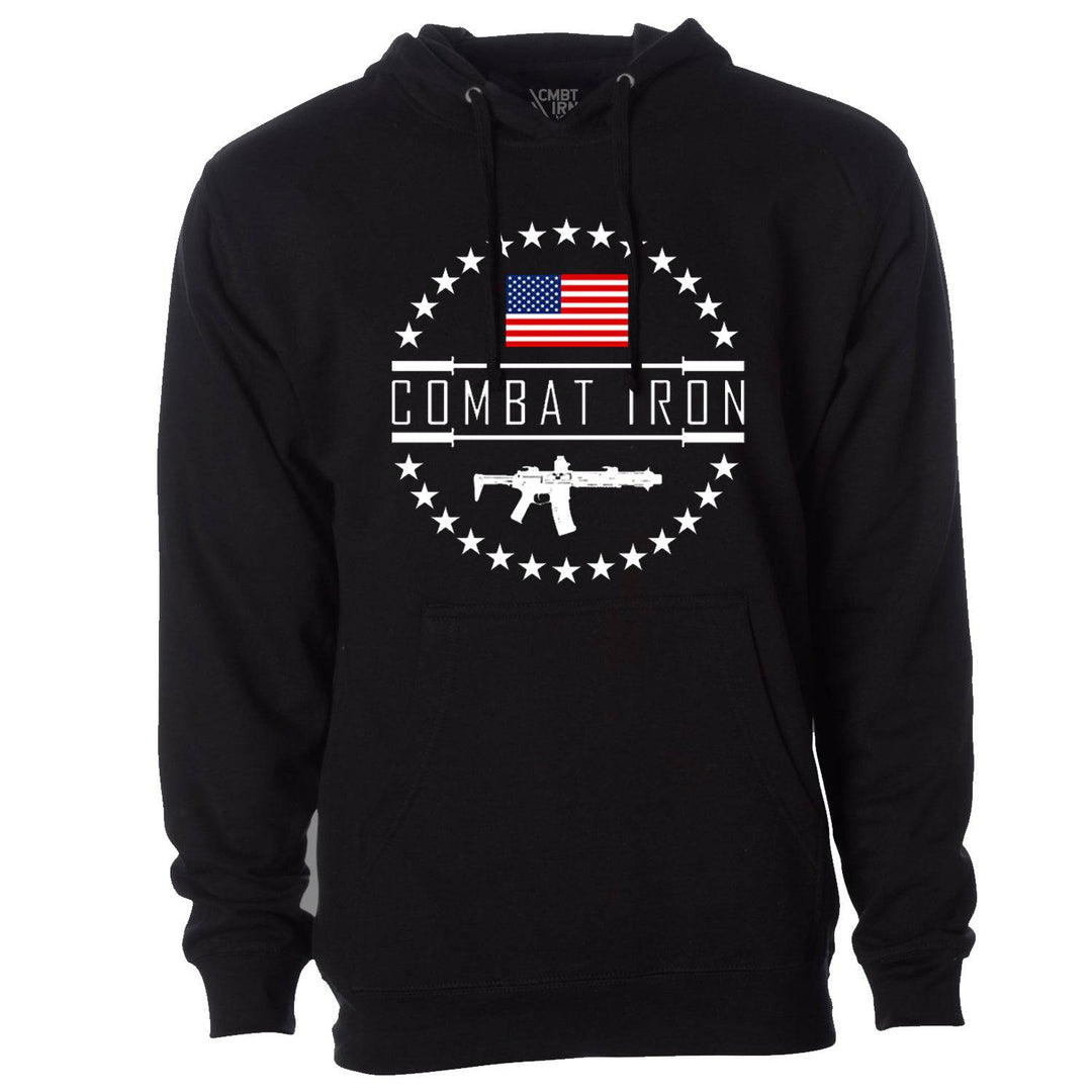 Original star circle, men’s midweight hoodie in black with white details and a US flag #color_black