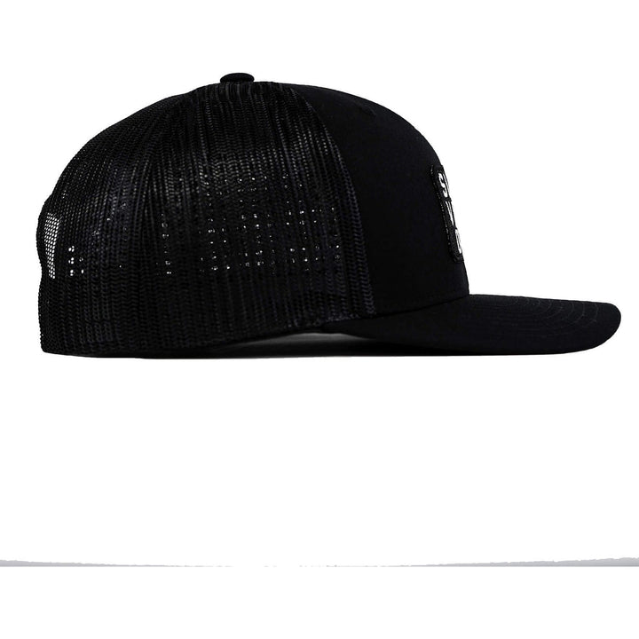 A black mid-profile mesh snapback with a patch that says “Support veteran owned” in white letters