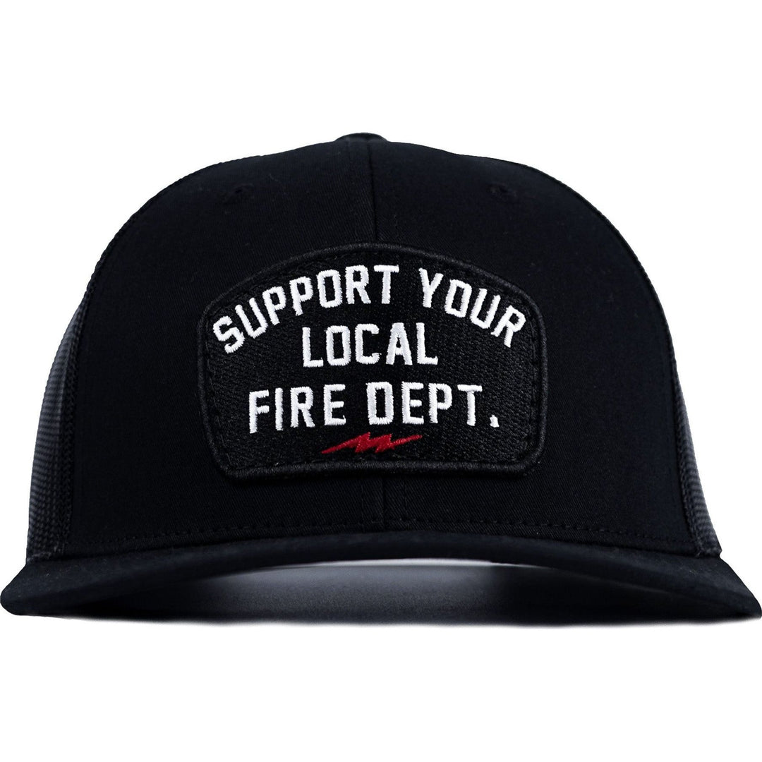 A black mid-profile mesh snapback with the patch that says “Support your local fire dept.” #color_black-black