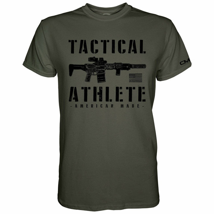 Tactical athlete American-made, men’s t-shirt in olive green with black letters and design #color_military-green