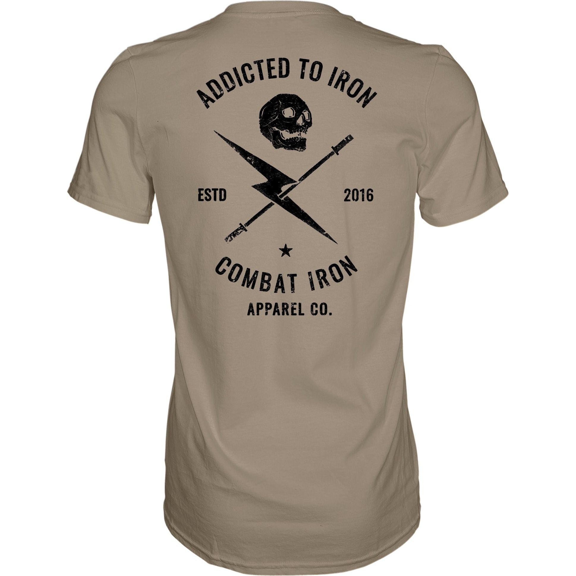 Men’s t-shirt with the print that says “Addicted to iron, combat iron” and a bolt, a barbell, and a skull in the front  #color_tan