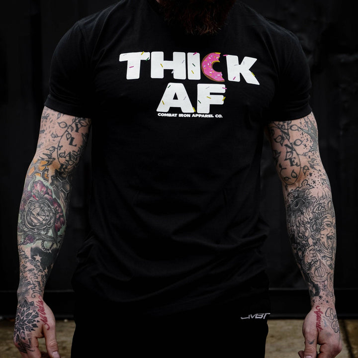 Thick AF donut edition, men’s t-shirt in all black with white and pink design #color_black