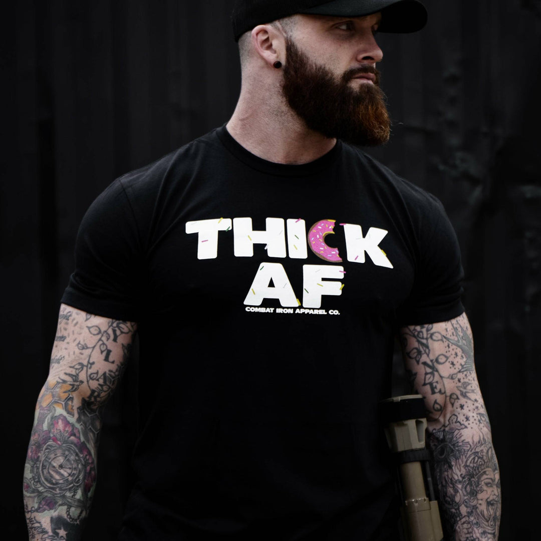 Thick AF donut edition, men’s t-shirt in all black with white and pink design #color_black #color_black