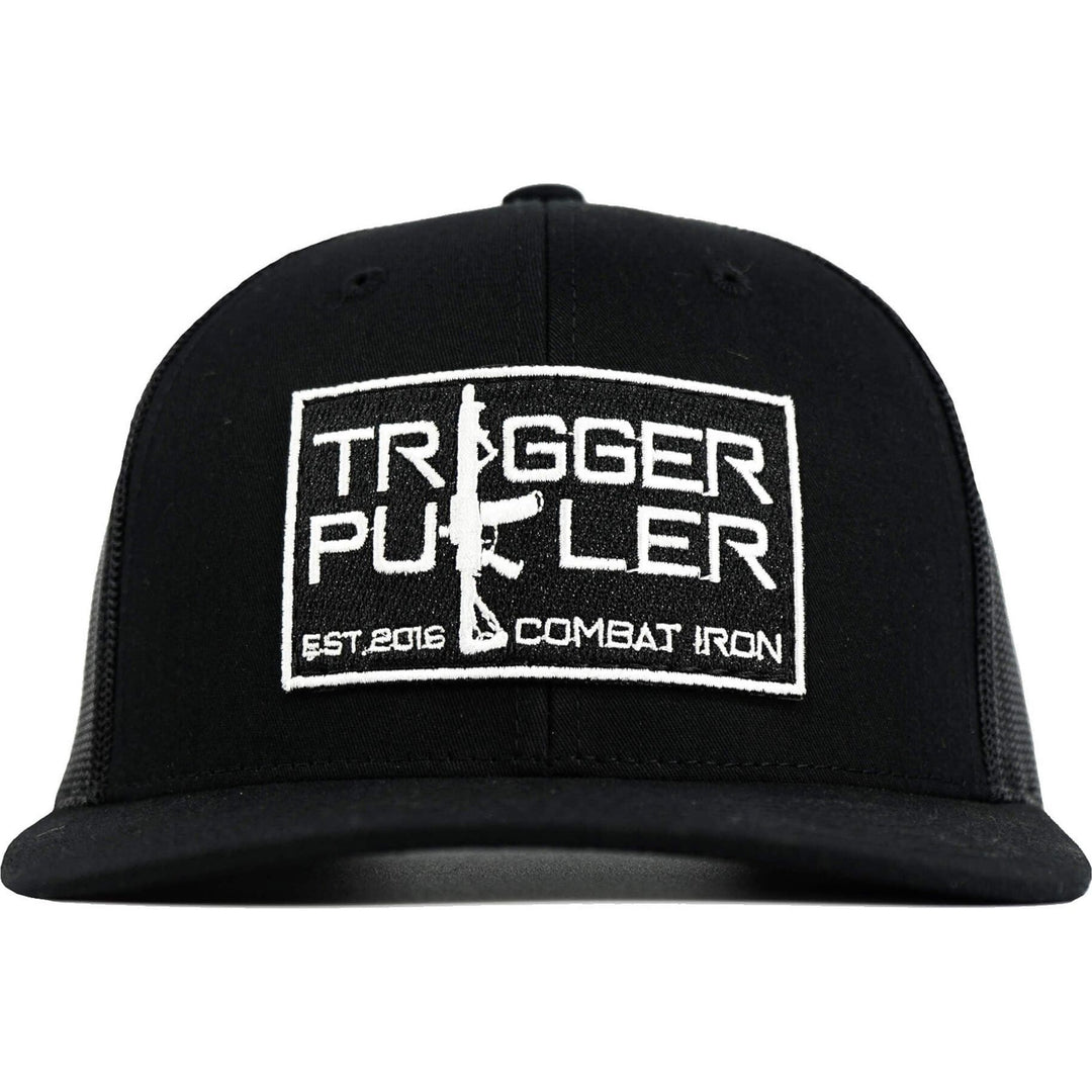 A black mid-profile mesh snapback with the words “Trigger puller” on the front in white #color_black-black