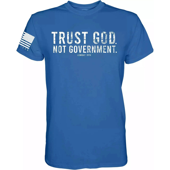 Men’s black t-shirt with the message “Trust God. Not government.” with letters and a American flag on the sleeve #color_blue