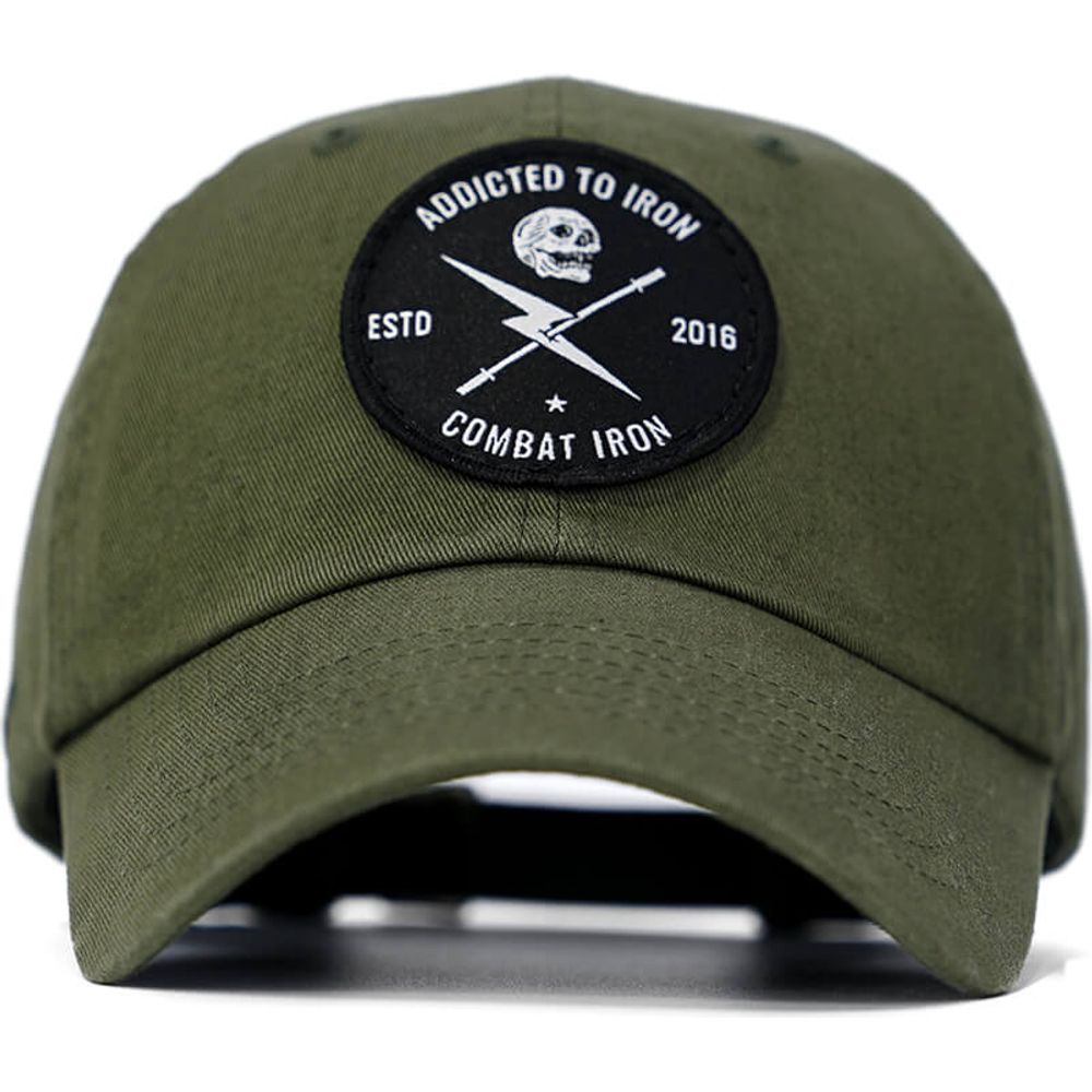 Addicted to iron training patch dad hat #color_military-green