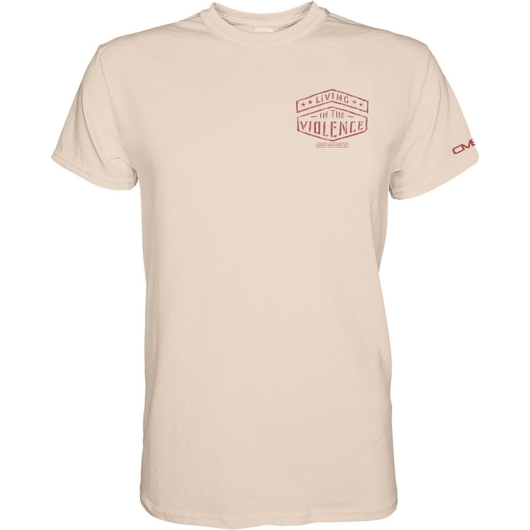 Men’s t-shirt with the words “Living in the violence” #color_tan