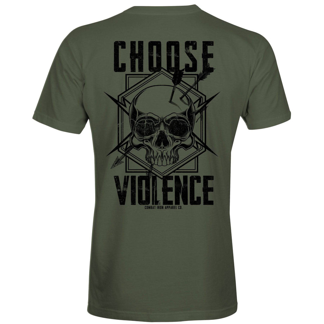 Men’s t-shirt showing words “Choose violence” in black and a white skull in the middle #color_military-green